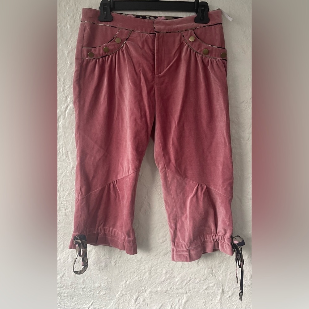 Moiselle dusty rose velvety hot pants, gold sailor buttons, floral ties; size 2
